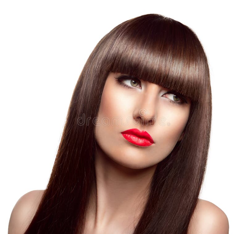 Portrait of beautiful fashion woman with long healthy brown hair and fringe hairstyle. Portrait of beautiful fashion woman with long healthy brown hair and fringe hairstyle.