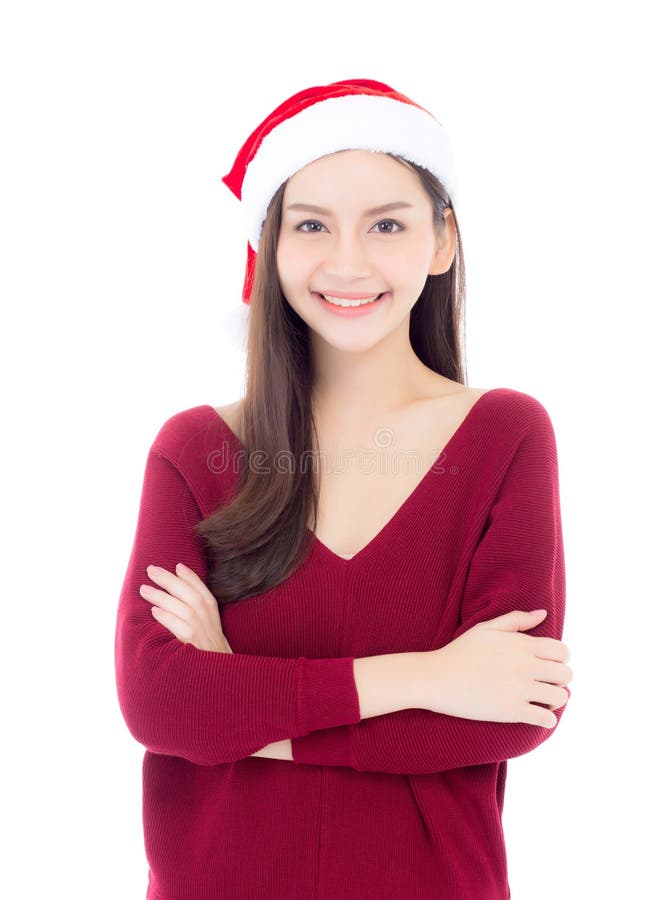 Ritratto di bella giovane donna asiatica con salute in cappello di Santa immagini stock Ritratto di bella giovane donna asiatica con salute in cappello di Santa immagini stock