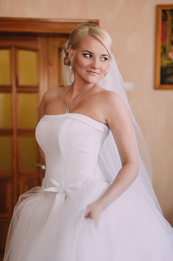 Ritratto di bella sposa con il velo di modo che posa a casa a immagini stock Ritratto di bella sposa con il velo di modo che posa a casa a immagini stock