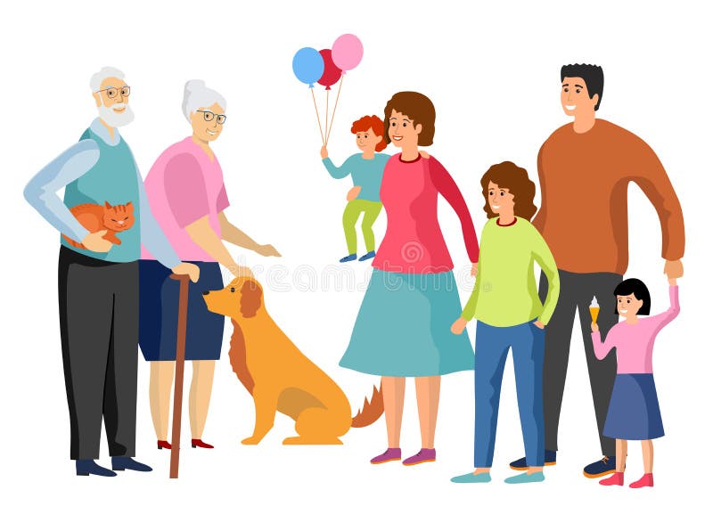Ritratto di famiglia felice Padre e madre, figlio e figlia, nonni e animali domestici Big Family flat illustrazione royalty illustrazione gratis Ritratto di famiglia felice Padre e madre, figlio e figlia, nonni e animali domestici Big Family flat illustrazione royalty illustrazione gratis