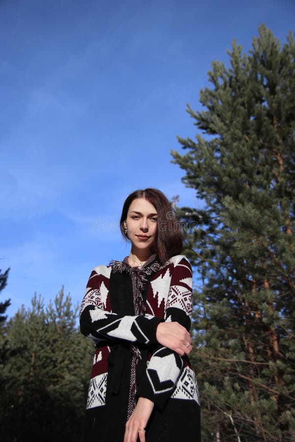 Ritratto di giovane bella ragazza attraente con capelli e gli occhi azzurri marroni lunghi Indossa i vestiti ornamentali etnici d immagini stock libere da diritti Ritratto di giovane bella ragazza attraente con capelli e gli occhi azzurri marroni lunghi Indossa i vestiti ornamentali etnici d immagini stock libere da diritti