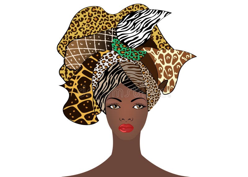 Ritratto di giovane donna africana in un turbante variopinto Avvolga il modo di afro, Ankara, Kente, il kitenge, vestiti africani illustrazione vettoriale Ritratto di giovane donna africana in un turbante variopinto Avvolga il modo di afro, Ankara, Kente, il kitenge, vestiti africani illustrazione vettoriale