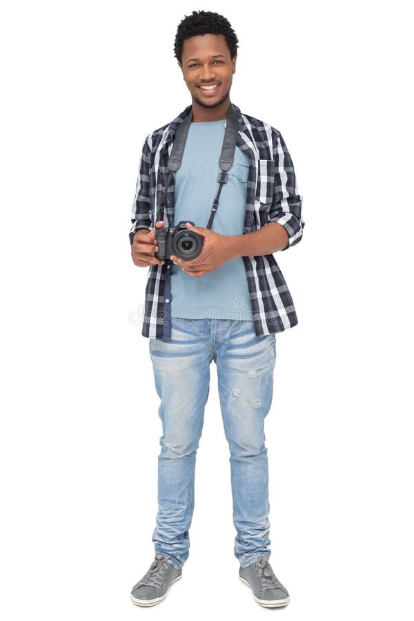 Ritratto di un fotografo maschio felice fotografie stock libere da diritti Ritratto di un fotografo maschio felice fotografie stock libere da diritti