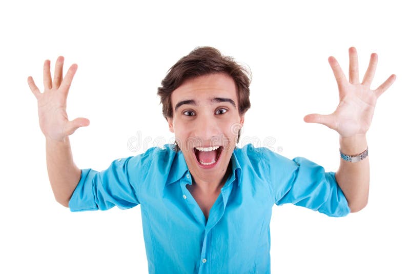 Ritratto di un giovane molto felice con le sue braccia r fotografia stock libera da diritti Ritratto di un giovane molto felice con le sue braccia r fotografia stock libera da diritti
