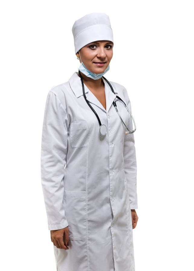 Ritratto di un medico femminile amichevole con lo stetoscopio isolato su bianco immagini stock Ritratto di un medico femminile amichevole con lo stetoscopio isolato su bianco immagini stock