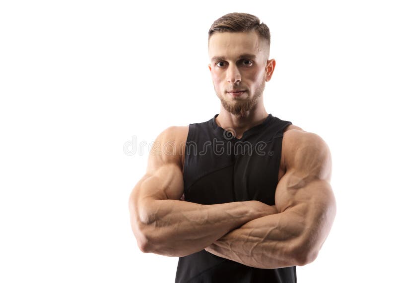 Ritratto di un modello maschio muscolare su fondo bianco fotografie stock Ritratto di un modello maschio muscolare su fondo bianco fotografie stock