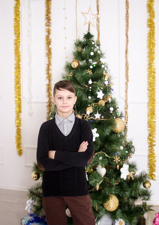 Ritratto di un ragazzo sveglio vicino all'albero di Natale immagine stock Ritratto di un ragazzo sveglio vicino all'albero di Natale immagine stock