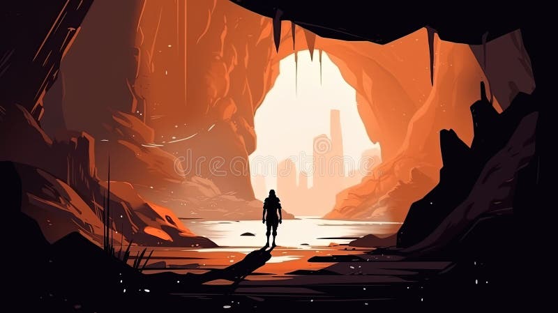 Ritratto di un viaggiatore che esplora una grotta misteriosa. quadro illustrativo di fantasia illustrazione di stock