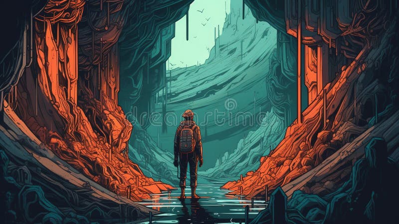Ritratto di un viaggiatore che esplora una grotta misteriosa. quadro illustrativo di fantasia royalty illustrazione gratis
