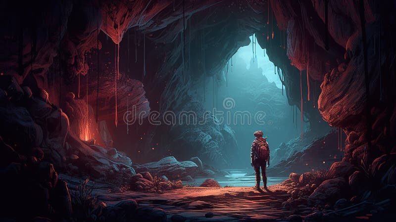 Ritratto di un viaggiatore che esplora una grotta misteriosa. quadro illustrativo di fantasia illustrazione di stock