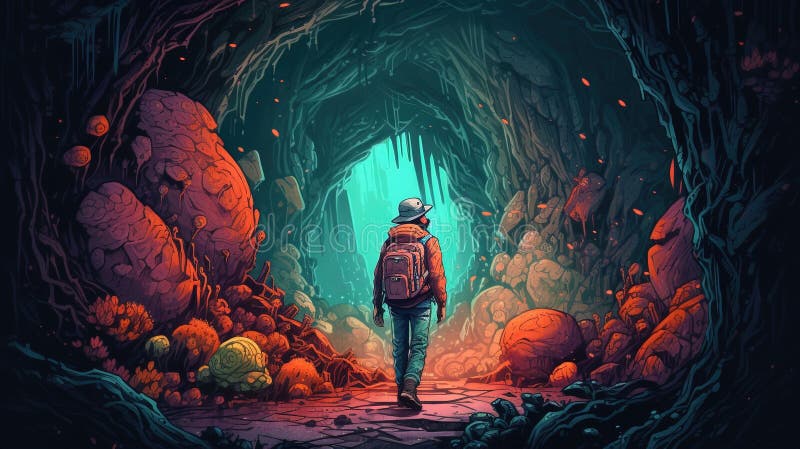 Ritratto di un viaggiatore che esplora una grotta misteriosa. quadro illustrativo di fantasia illustrazione di stock