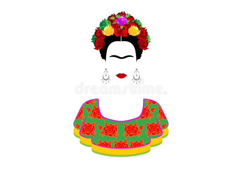 Ritratto di vettore di Frida Kahlo, giovane bella donna messicana con un'acconciatura tradizionale Il messicano elabora gli orecc illustrazione di stock Ritratto di vettore di Frida Kahlo, giovane bella donna messicana con un'acconciatura tradizionale Il messicano elabora gli orecc illustrazione di stock