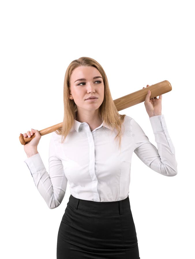 Isolated portrait of blond businesswoman holding a baseball bat. Concept of toughness. Mock up. Isolated portrait of blond businesswoman holding a baseball bat. Concept of toughness. Mock up