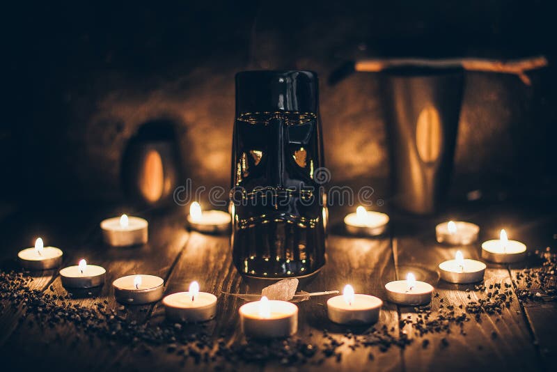 A Ritual Halloween Witchcraft Scene with Candles, Spider Web, Vintage ...