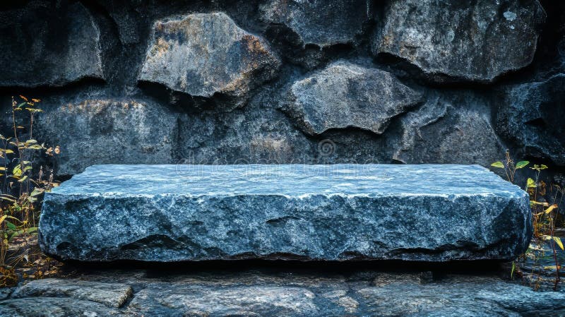 Ritual Slab illustrerar en mystisk stenslab i en dimmigt upplyst grotta där den omges av gammal royaltyfri bild