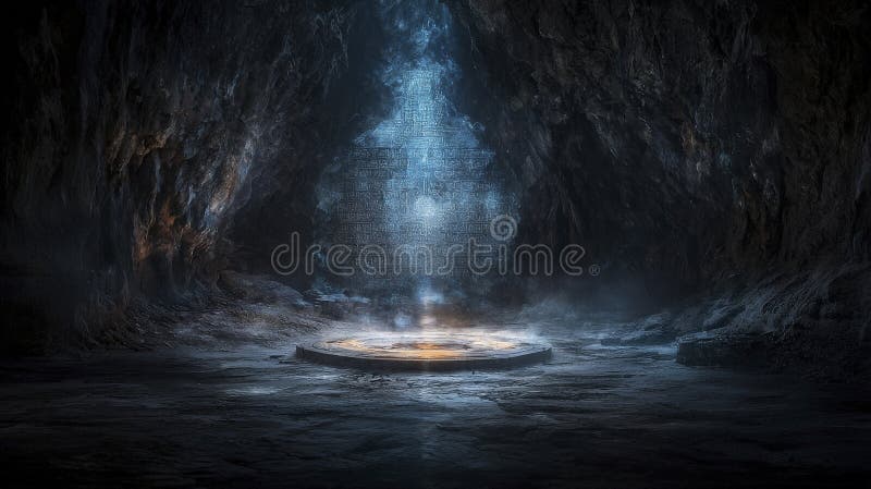 Rituels anciens dans le temple oublié sommet de montagne fantastique artwork caverne sombre atmosphère énergie mystique illustration de vecteur
