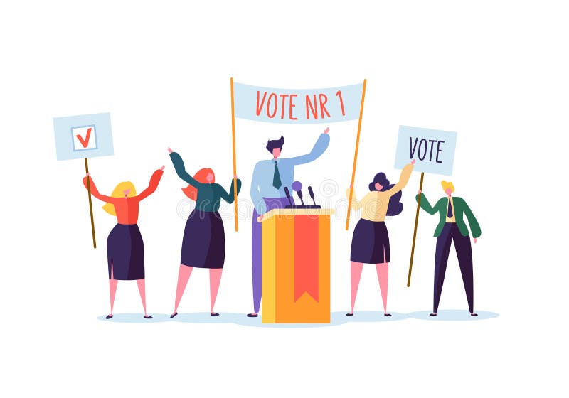 Riunione politica con il candidato nel discorso Campagna elettorale che vota con i caratteri che tengono le insegne di voto elett royalty illustrazione gratis Riunione politica con il candidato nel discorso Campagna elettorale che vota con i caratteri che tengono le insegne di voto elett royalty illustrazione gratis