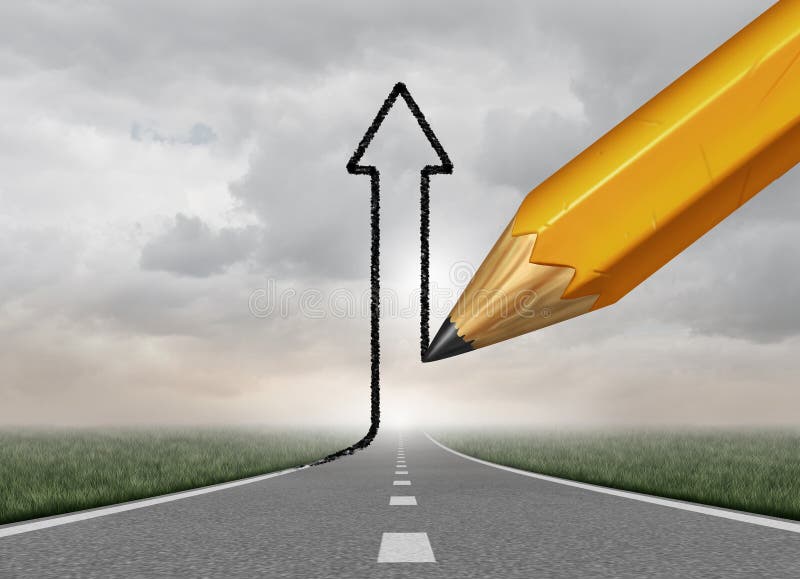 Successful Business direction and success control symbol as a pencil drawing an upward 3D illustration arrow from a straight road as a motivation metaphor to take authority of your path to succeed. Successful Business direction and success control symbol as a pencil drawing an upward 3D illustration arrow from a straight road as a motivation metaphor to take authority of your path to succeed.
