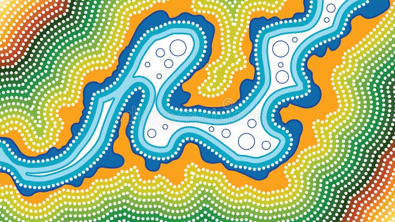 River, Aboriginal art vector background with river, Landscape Illustration of aboriginal river. Australian aboriginal border vectors