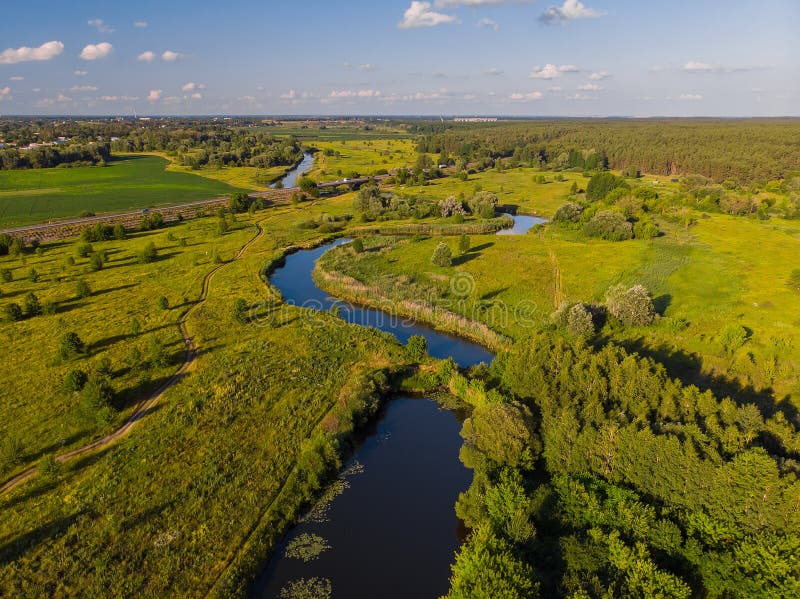 River Bend Surrounded by Fields Stock Image Image of sunrise, curve