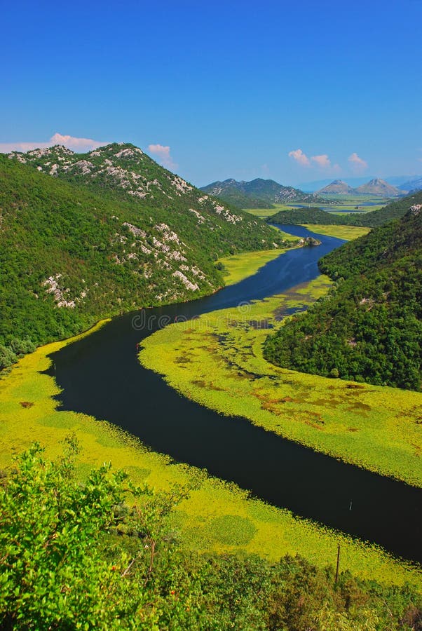 Il fiume curva del Lago di Scutari vicino a Rijeka Crnojevia con colline e un sacco di galleggiante castagna d'acqua.