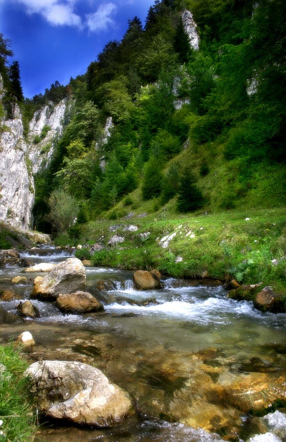 Un rio en verde montanas.