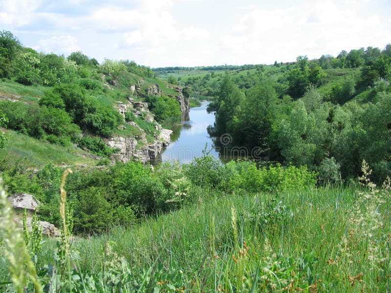 A river flowing in the Buky canyon, Buki village, Ukraine.