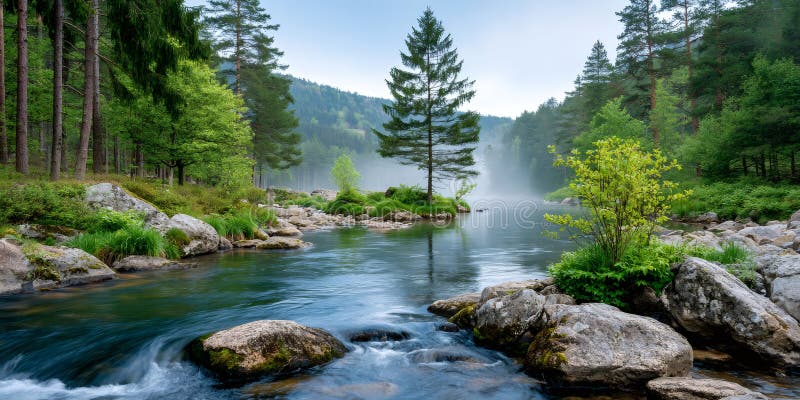 River flowing through forest with mist and rocks vector illustration