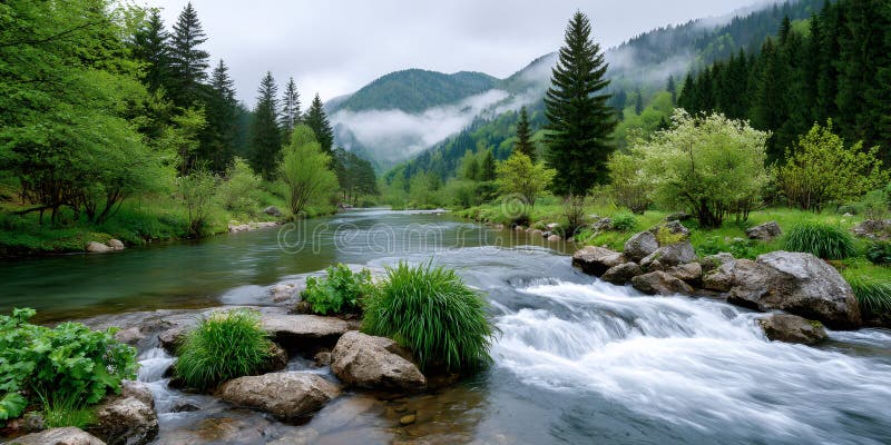 River flowing through misty mountain forest landscape stock illustration