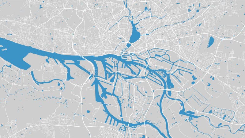 River map vector illustration. Elbe river map, Hamburg city, Germany. Watercourse, water flow, blue on grey background road map