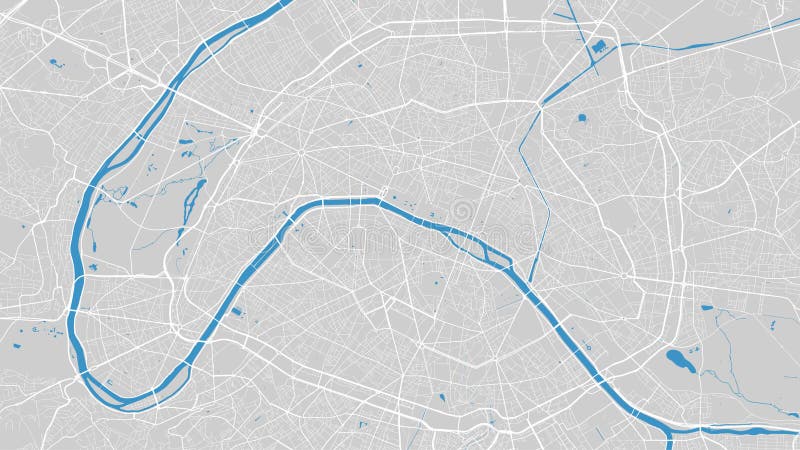 River map vector illustration. Seine river map, Paris city, France. Watercourse, water flow, blue on grey background road map