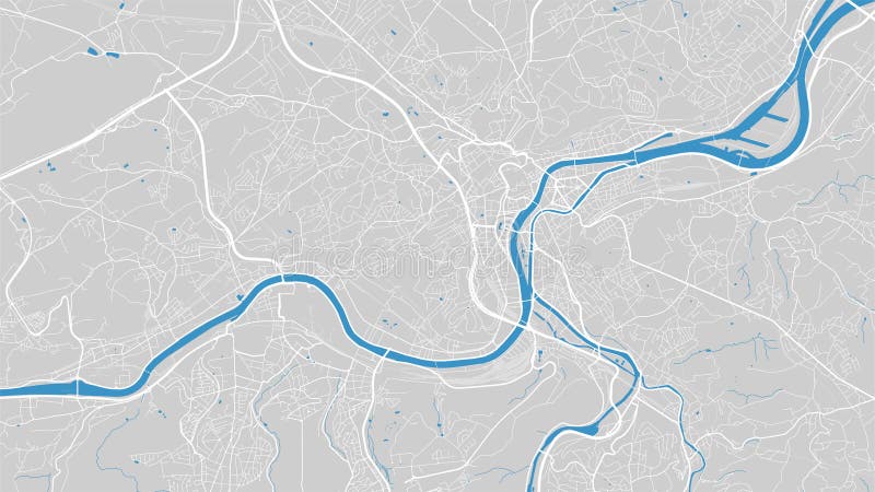 River Meuse map, Liege city, Belgium. Watercourse, water flow, blue on grey background road map. Vector illustration