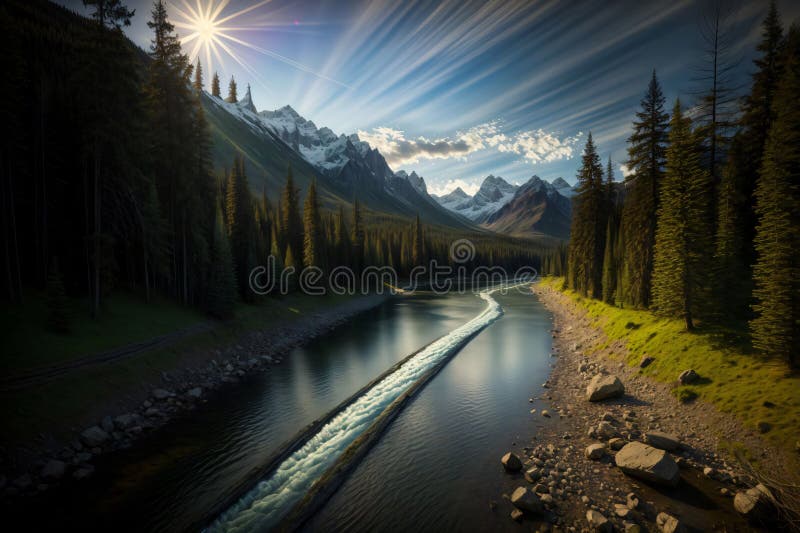 Un râu care trece printr-o pădure verde luxoasă. ai generativ royalty free illustration