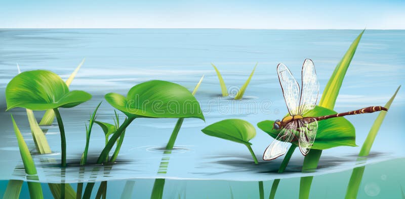 River scene: dragonfly on water grass, lake water