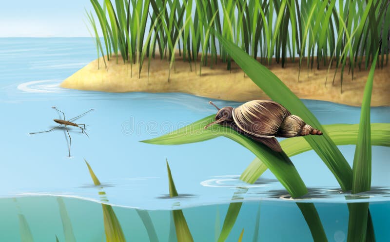 River scene: snail on grass, lake water