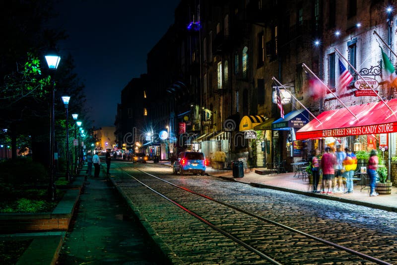 River Street at Night, in Savannah, Editorial Stock Image