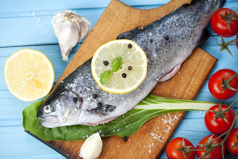 Trout. Fresh Fish With Spices, Lemon And Onions. Stock Image Image of fishing, ingredient