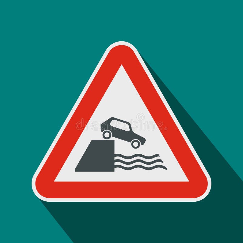 Riverbank traffic sign icon in flat style on a blue background. Car falling off cliff vectors