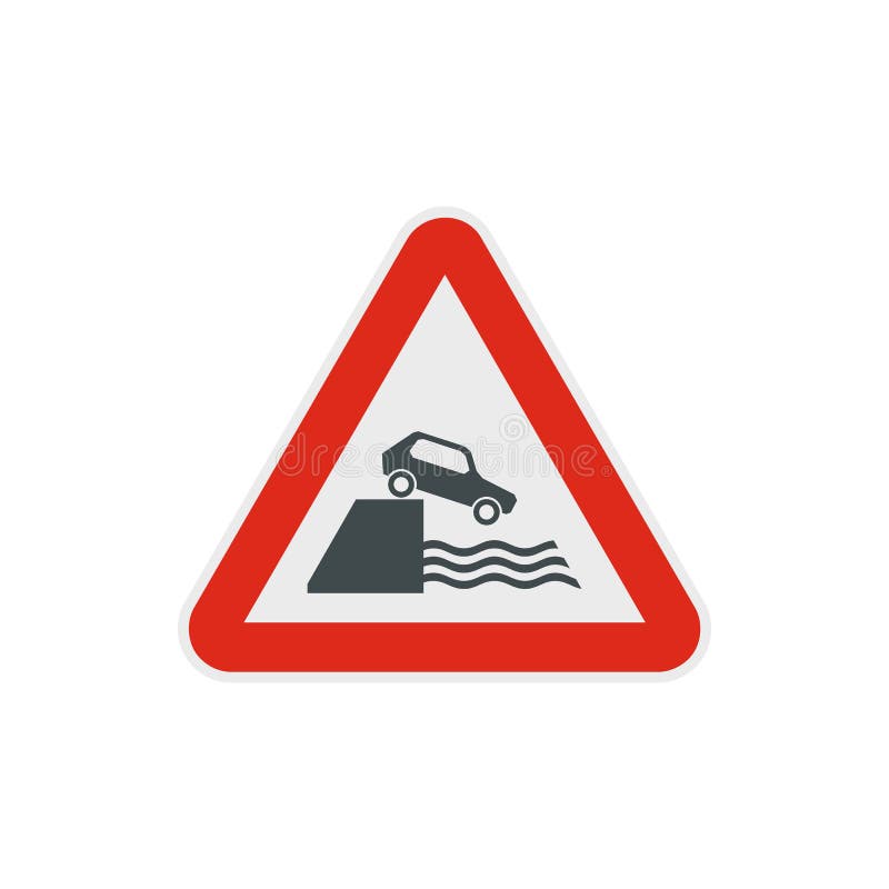 Riverbank traffic sign icon in flat style on a white background. Car falling off cliff vectors