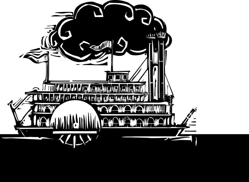 Riverboat laterale della ruota in fiume scuro illustrazione di stock Riverboat laterale della ruota in fiume scuro illustrazione di stock