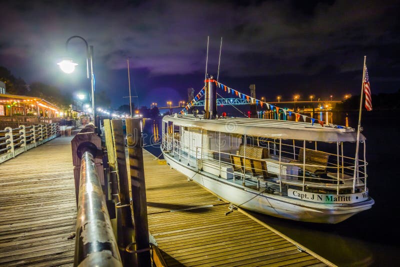 Riverfront Board Walk Scenes in Wilmington Nc at Night Stock Image
