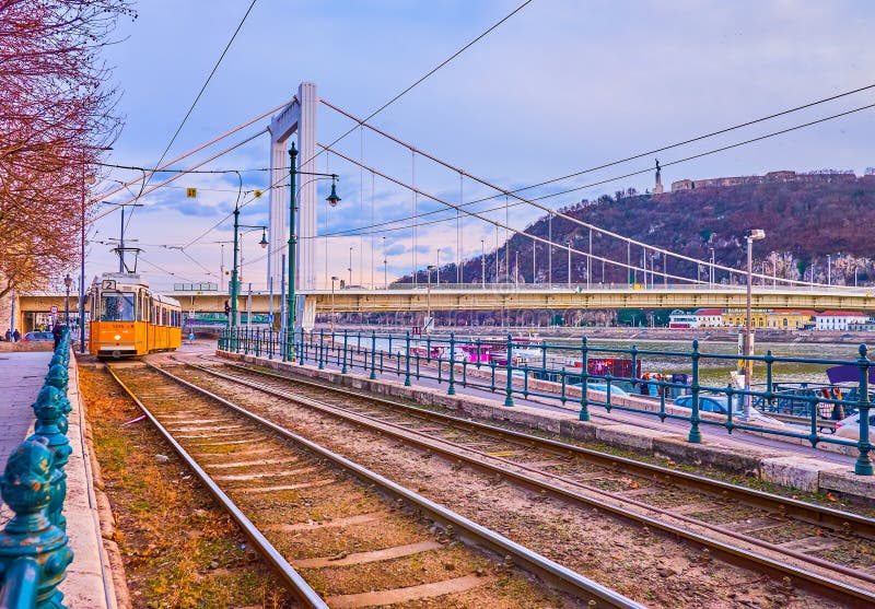 The riverside tram line on Pest side of Budapest, Hungary royalty free stock photo