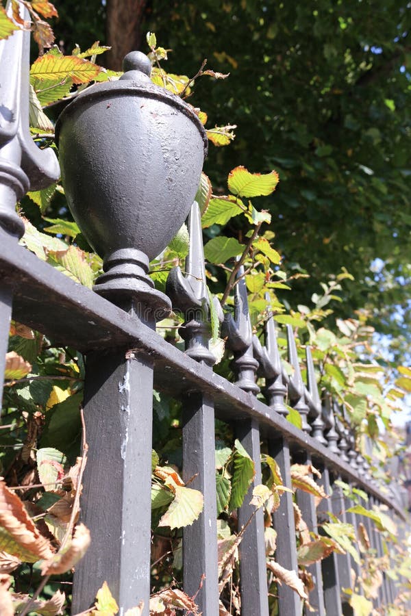 Rivesta di ferro le inferriate che confinano un quadrato del giardino di Londra in autunno