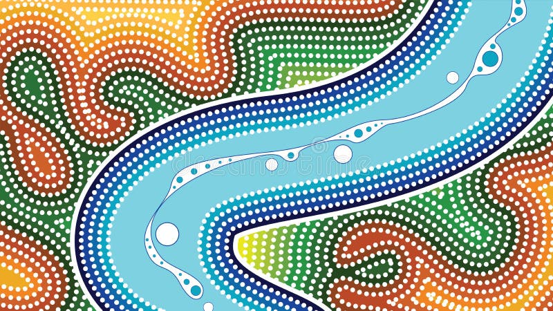 Rivier, Inheemse kunst vectorachtergrond met rivier, Landschap