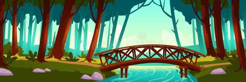 Rivière franchissement pont de bois en forêt illustration libre de droits