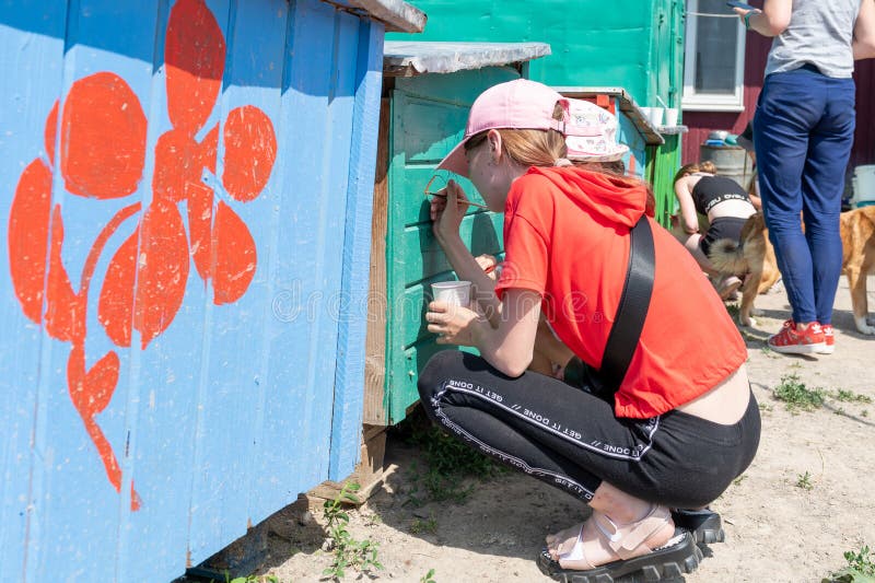 RIVNE, UKRAINE - JUNE 19, 2022. Girls painting doghouses. Dog kennels at a homeless dog shelter. Girls painting on a wooden surface