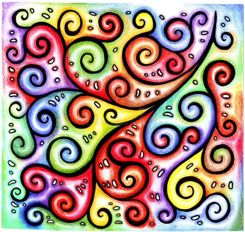 Rizos negros lineares caóticos y espirales del extracto a mano colorido brillante multicolor del modelo en fondo iridiscente del stock de ilustración Rizos negros lineares caóticos y espirales del extracto a mano colorido brillante multicolor del modelo en fondo iridiscente del stock de ilustración