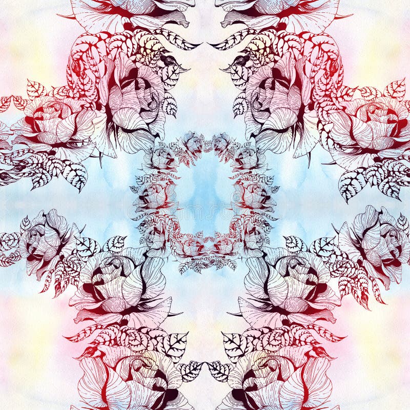 ro En filial av rosor med sidor, blommor och knoppar vattenf?rg Seamless bakgrund Collage av blommor och sidor p? en waterc royaltyfri illustrationer ro En filial av rosor med sidor, blommor och knoppar vattenf?rg Seamless bakgrund Collage av blommor och sidor p? en waterc royaltyfri illustrationer