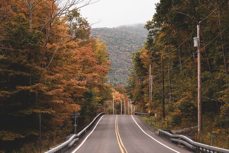 Road with autumn foliage, in the Catskill Mountains, New York stock photo