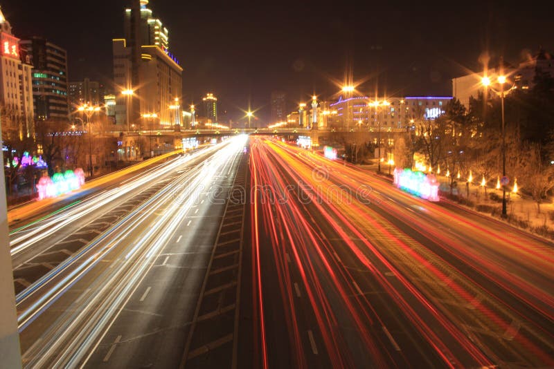 Road with Car Traffic at Night with Blurry Lights Stock Image Image